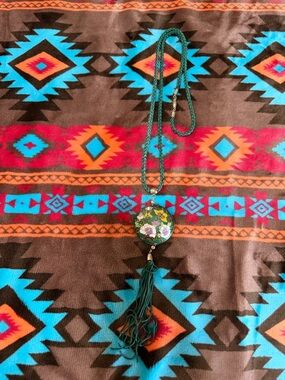 Green Floral Enamel Pendant Necklace with Tassel